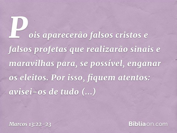 Pois aparecerão falsos cristos e falsos profetas que realizarão sinais e maravilhas para, se possível, enganar os eleitos. Por isso, fiquem atentos: avisei-os d