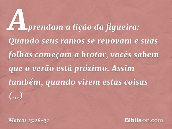 "Aprendam a lição da figueira: Quando seus ramos se renovam e suas folhas começam a brotar, vocês sabem que o verão está próximo. Assim também, quando virem est