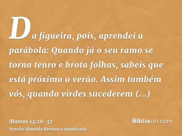 Da figueira, pois, aprendei a parábola: Quando já o seu ramo se torna tenro e brota folhas, sabeis que está próximo o verão.Assim também vós, quando virdes suce