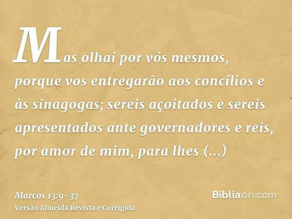 Mas olhai por vós mesmos, porque vos entregarão aos concílios e às sinagogas; sereis açoitados e sereis apresentados ante governadores e reis, por amor de mim, 