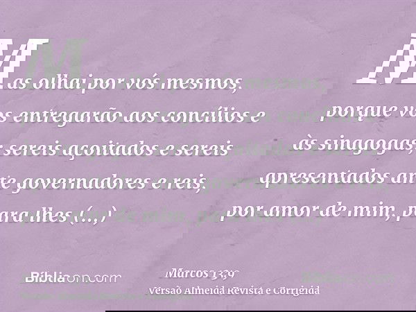 Mas olhai por vós mesmos, porque vos entregarão aos concílios e às sinagogas; sereis açoitados e sereis apresentados ante governadores e reis, por amor de mim, 