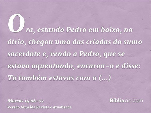 Ora, estando Pedro em baixo, no átrio, chegou uma das criadas do sumo sacerdotee, vendo a Pedro, que se estava aquentando, encarou-o e disse: Tu também estavas 