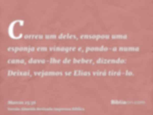 Correu um deles, ensopou uma esponja em vinagre e, pondo-a numa cana, dava-lhe de beber, dizendo: Deixai, vejamos se Elias virá tirá-lo.