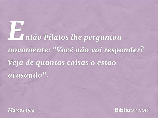 Então Pilatos lhe perguntou novamente: "Você não vai responder? Veja de quantas coisas o estão acusando". -- Marcos 15:4