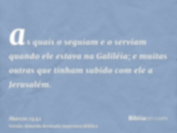 as quais o seguiam e o serviam quando ele estava na Galiléia; e muitas outras que tinham subido com ele a Jerusalém.