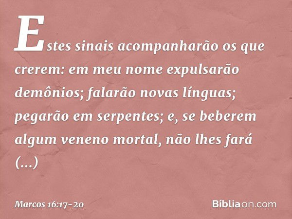 Estes sinais acompanharão os que crerem: em meu nome expulsarão demônios; falarão novas línguas; pegarão em serpentes; e, se beberem algum veneno mortal, não lh