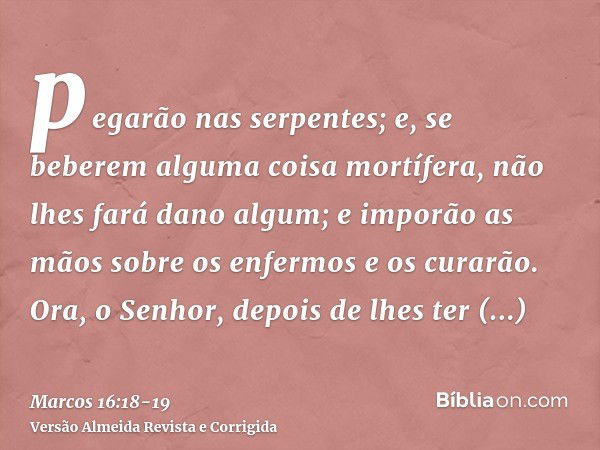 pegarão nas serpentes; e, se beberem alguma coisa mortífera, não lhes fará dano algum; e imporão as mãos sobre os enfermos e os curarão.Ora, o Senhor, depois de