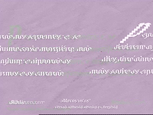 pegarão nas serpentes; e, se beberem alguma coisa mortífera, não lhes fará dano algum; e imporão as mãos sobre os enfermos e os curarão.