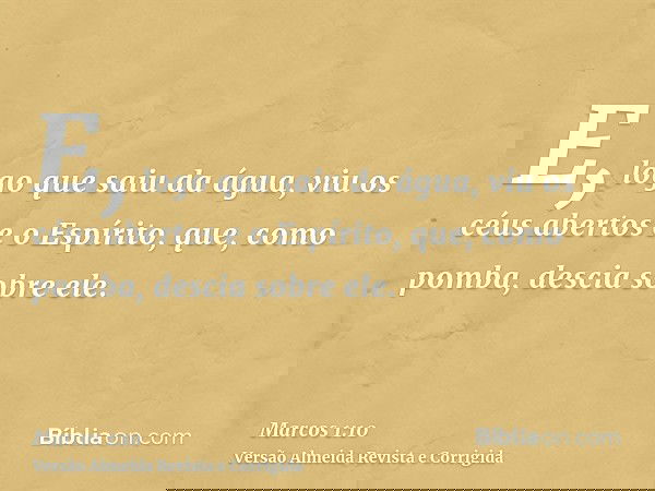 E, logo que saiu da água, viu os céus abertos e o Espírito, que, como pomba, descia sobre ele.