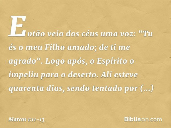 Então veio dos céus uma voz: "Tu és o meu Filho amado; de ti me agrado". Logo após, o Espírito o impeliu para o deserto. Ali esteve quarenta dias, sendo tentado