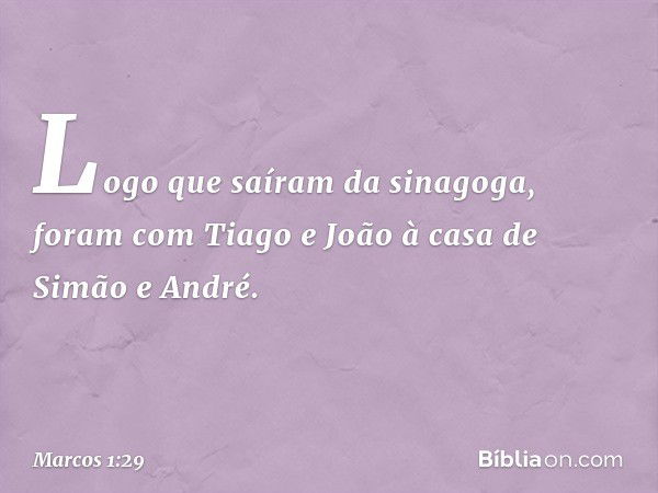 Logo que saíram da sinagoga, foram com Tiago e João à casa de Simão e André. -- Marcos 1:29