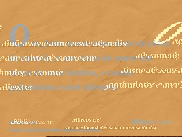 Ora, João usava uma veste de pêlos de camelo, e um cinto de couro em torno de seus lombos, e comia gafanhotos e mel silvestre.