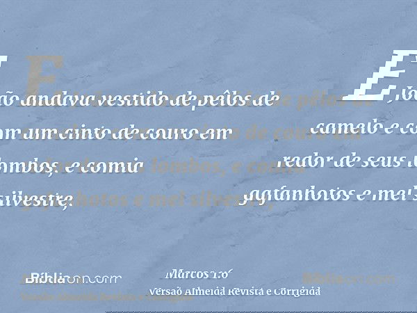 E João andava vestido de pêlos de camelo e com um cinto de couro em redor de seus lombos, e comia gafanhotos e mel silvestre,