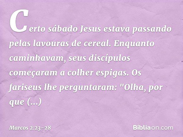 Certo sábado Jesus estava passando pelas lavouras de cereal. Enquanto caminhavam, seus discípulos começaram a colher espigas. Os fariseus lhe perguntaram: "Olha