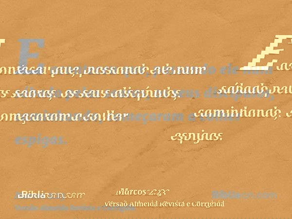E aconteceu que, passando ele num sábado pelas searas, os seus discípulos, caminhando, começaram a colher espigas.