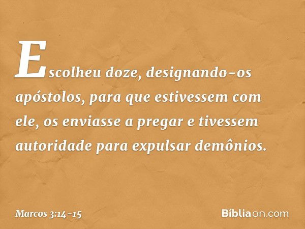 Escolheu doze, designando-os apóstolos, para que estivessem com ele, os enviasse a pregar e tivessem autoridade para expulsar demônios. -- Marcos 3:14-15