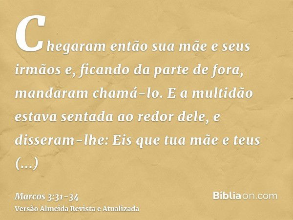 Chegaram então sua mãe e seus irmãos e, ficando da parte de fora, mandaram chamá-lo.E a multidão estava sentada ao redor dele, e disseram-lhe: Eis que tua mãe e