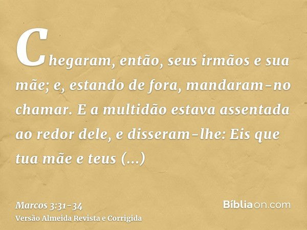 Chegaram, então, seus irmãos e sua mãe; e, estando de fora, mandaram-no chamar.E a multidão estava assentada ao redor dele, e disseram-lhe: Eis que tua mãe e te