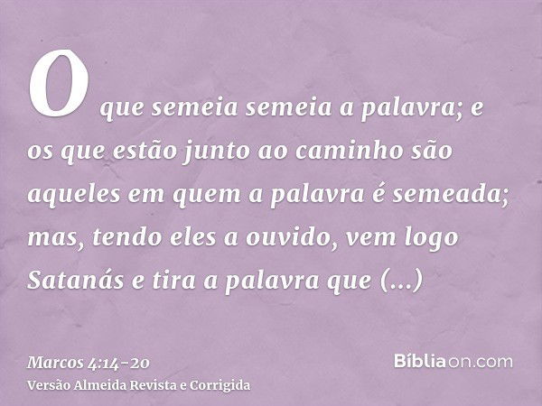 O que semeia semeia a palavra;e os que estão junto ao caminho são aqueles em quem a palavra é semeada; mas, tendo eles a ouvido, vem logo Satanás e tira a palav