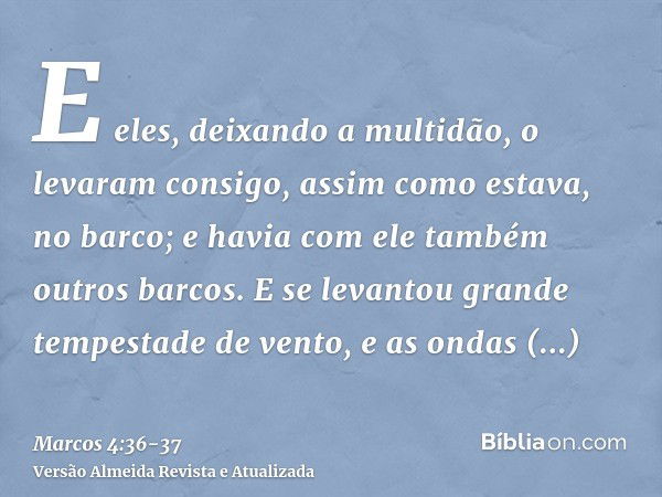 E eles, deixando a multidão, o levaram consigo, assim como estava, no barco; e havia com ele também outros barcos.E se levantou grande tempestade de vento, e as