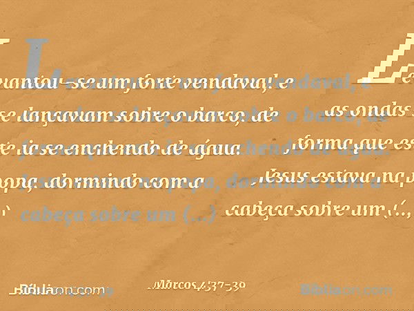 Levantou-se um forte vendaval, e as ondas se lançavam sobre o barco, de forma que este ia se enchendo de água. Jesus estava na popa, dormindo com a cabeça sobre