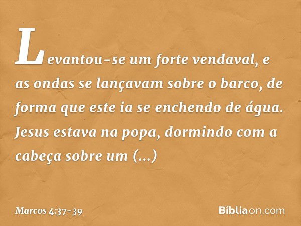 Levantou-se um forte vendaval, e as ondas se lançavam sobre o barco, de forma que este ia se enchendo de água. Jesus estava na popa, dormindo com a cabeça sobre