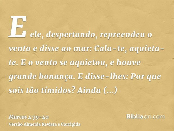 E ele, despertando, repreendeu o vento e disse ao mar: Cala-te, aquieta-te. E o vento se aquietou, e houve grande bonança.E disse-lhes: Por que sois tão tímidos