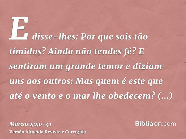 E disse-lhes: Por que sois tão tímidos? Ainda não tendes fé?E sentiram um grande temor e diziam uns aos outros: Mas quem é este que até o vento e o mar lhe obed