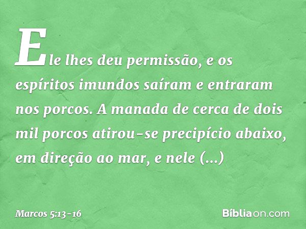 Ele lhes deu permissão, e os espíritos imundos saíram e entraram nos porcos. A manada de cerca de dois mil porcos atirou-se precipício abaixo, em direção ao mar