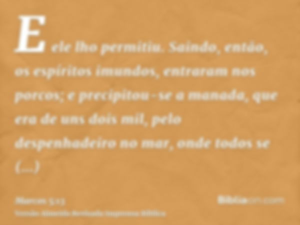 E ele lho permitiu. Saindo, então, os espíritos imundos, entraram nos porcos; e precipitou-se a manada, que era de uns dois mil, pelo despenhadeiro no mar, onde