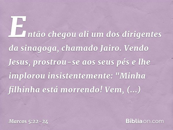 Então chegou ali um dos dirigentes da sinagoga, chamado Jairo. Vendo Jesus, prostrou-se aos seus pés e lhe implorou insistentemente: "Minha filhinha está morren