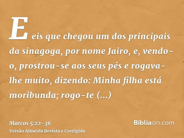 E eis que chegou um dos principais da sinagoga, por nome Jairo, e, vendo-o, prostrou-se aos seus pése rogava-lhe muito, dizendo: Minha filha está moribunda; rog