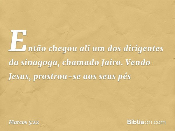 Então chegou ali um dos dirigentes da sinagoga, chamado Jairo. Vendo Jesus, prostrou-se aos seus pés -- Marcos 5:22