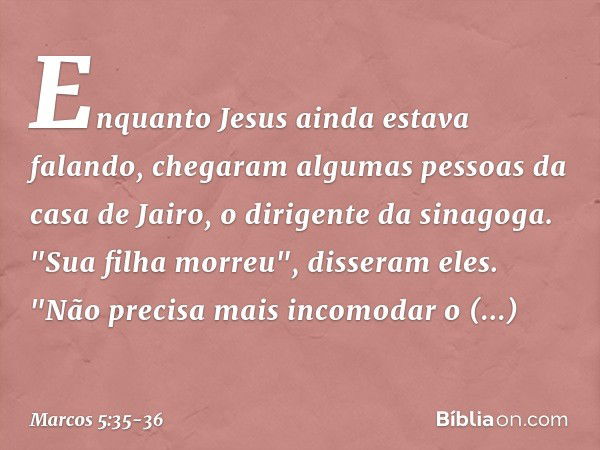 Enquanto Jesus ainda estava falando, chegaram algumas pessoas da casa de Jairo, o dirigente da sinagoga. "Sua filha morreu", disseram eles. "Não precisa mais in