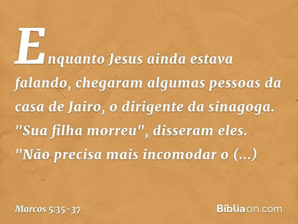 Enquanto Jesus ainda estava falando, chegaram algumas pessoas da casa de Jairo, o dirigente da sinagoga. "Sua filha morreu", disseram eles. "Não precisa mais in