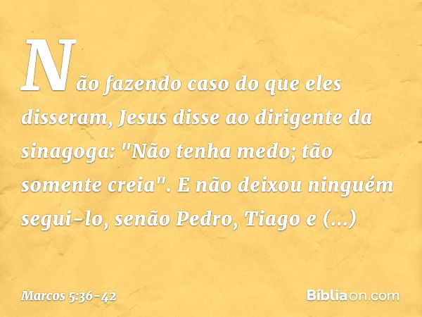 Não fazendo caso do que eles disseram, Jesus disse ao dirigente da sinagoga: "Não tenha medo; tão somente creia". E não deixou ninguém segui-lo, senão Pedro, Ti