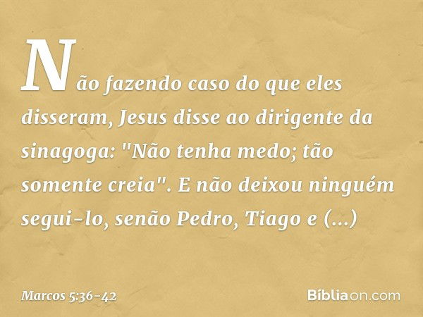 Não fazendo caso do que eles disseram, Jesus disse ao dirigente da sinagoga: "Não tenha medo; tão somente creia". E não deixou ninguém segui-lo, senão Pedro, Ti