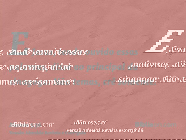 E Jesus, tendo ouvido essas palavras, disse ao principal da sinagoga: Não temas, crê somente.