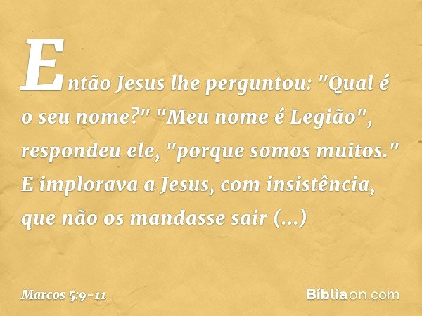Então Jesus lhe perguntou: "Qual é o seu nome?"
"Meu nome é Legião", respondeu ele, "porque somos muitos." E implorava a Jesus, com insistência, que não os mand