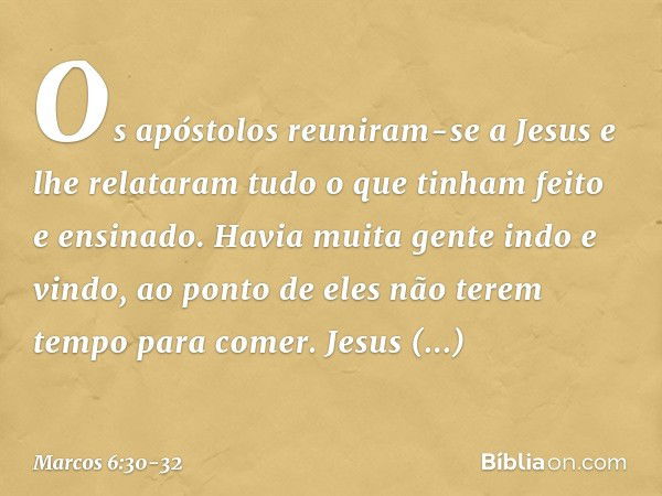 Os apóstolos reuniram-se a Jesus e lhe relataram tudo o que tinham feito e ensinado. Havia muita gente indo e vindo, ao ponto de eles não terem tempo para comer