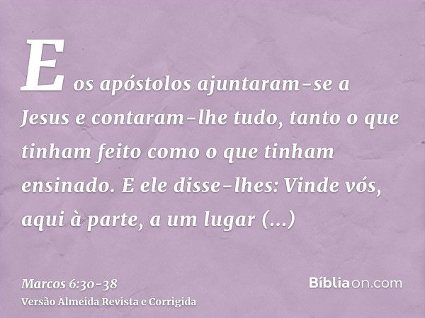 E os apóstolos ajuntaram-se a Jesus e contaram-lhe tudo, tanto o que tinham feito como o que tinham ensinado.E ele disse-lhes: Vinde vós, aqui à parte, a um lug