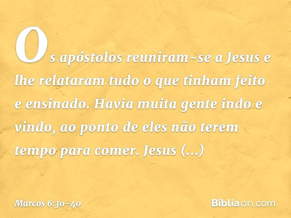 Os apóstolos reuniram-se a Jesus e lhe relataram tudo o que tinham feito e ensinado. Havia muita gente indo e vindo, ao ponto de eles não terem tempo para comer