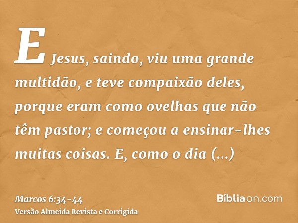 E Jesus, saindo, viu uma grande multidão, e teve compaixão deles, porque eram como ovelhas que não têm pastor; e começou a ensinar-lhes muitas coisas.E, como o 