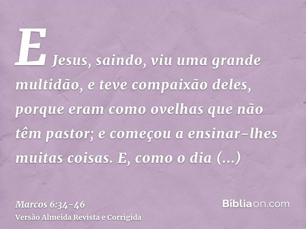 E Jesus, saindo, viu uma grande multidão, e teve compaixão deles, porque eram como ovelhas que não têm pastor; e começou a ensinar-lhes muitas coisas.E, como o 