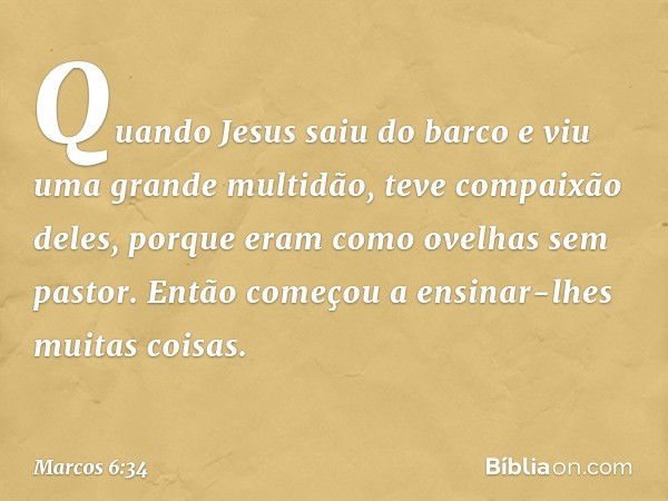 Quando Jesus saiu do barco e viu uma grande multidão, teve compaixão deles, porque eram como ovelhas sem pastor. Então começou a ensinar-lhes muitas coisas. -- 