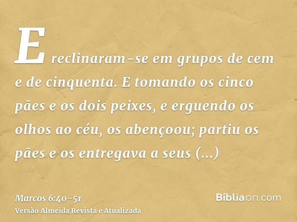 E reclinaram-se em grupos de cem e de cinquenta.E tomando os cinco pães e os dois peixes, e erguendo os olhos ao céu, os abençoou; partiu os pães e os entregava