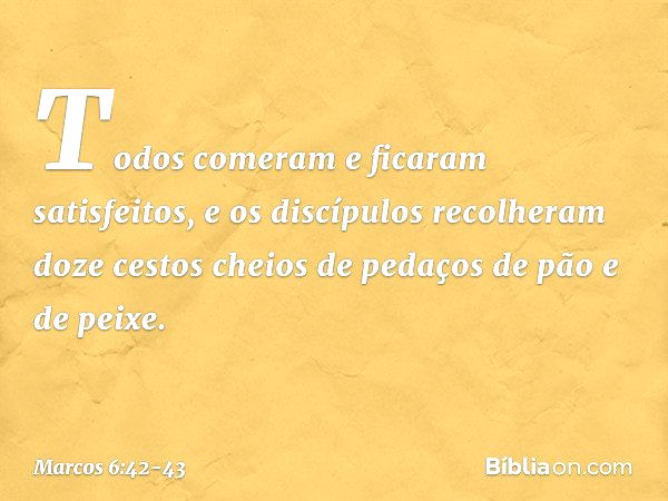 Todos comeram e ficaram satisfeitos, e os discípulos recolheram doze cestos cheios de pedaços de pão e de peixe. -- Marcos 6:42-43