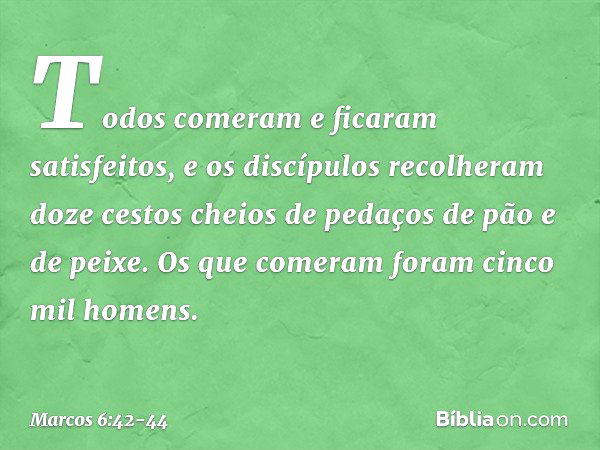 Todos comeram e ficaram satisfeitos, e os discípulos recolheram doze cestos cheios de pedaços de pão e de peixe. Os que comeram foram cinco mil homens. -- Marco