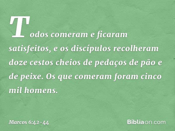 Todos comeram e ficaram satisfeitos, e os discípulos recolheram doze cestos cheios de pedaços de pão e de peixe. Os que comeram foram cinco mil homens. -- Marco