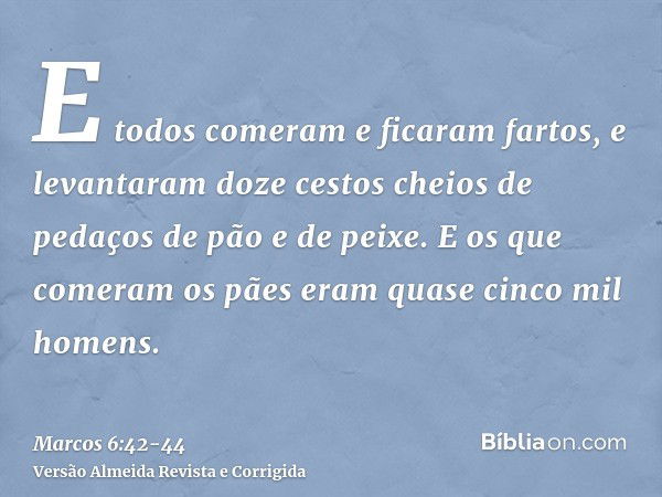 E todos comeram e ficaram fartos,e levantaram doze cestos cheios de pedaços de pão e de peixe.E os que comeram os pães eram quase cinco mil homens.